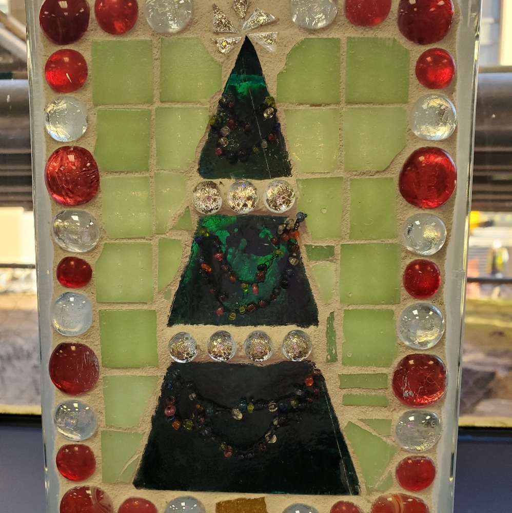 Mosaic Christmas Tree Lighted Glass Block 6x8